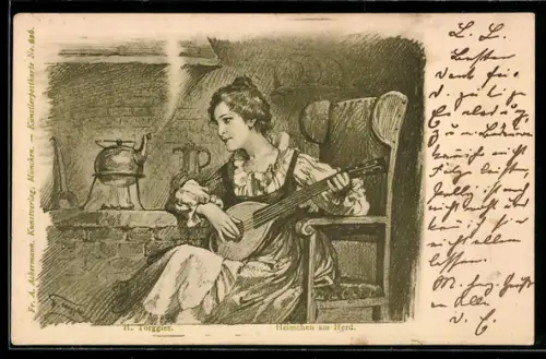 Künstler-AK Hermann Torggler: Frau spielt am Herd die Laute