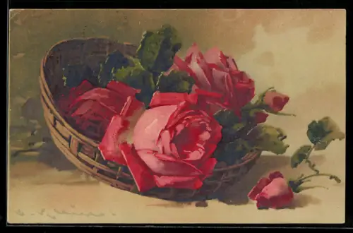 Künstler-AK Catharina Klein: Rote Rosen in einem geflochtenen Korb