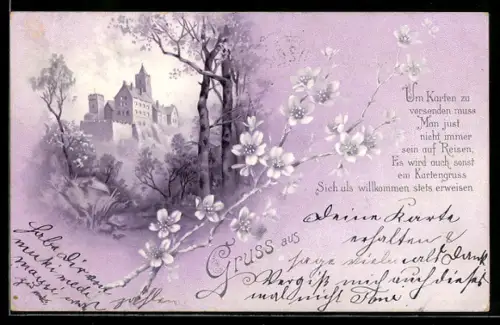 Lithographie Wer die Ansichtskart erfand..., Burgmotiv