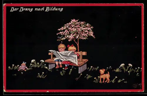 AK Der Drang nach Bildung, Kinderpaar mit Hund liest Zeitung