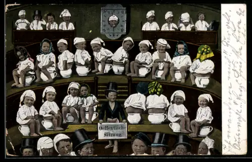AK Seance publique, Fotomontage, Kinder sitzen auf Nachttöpfen