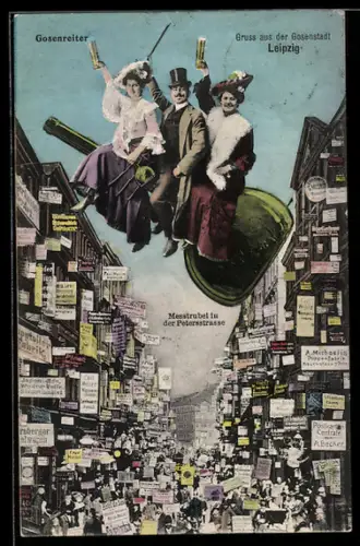 AK Leipzig, Gosenreiter über dem Messtrubel in der Petersstrasse