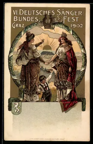 AK Graz, VI. Deutsches Sänger-Bundesfest 1902, zwei Königinnen reichen sich die Hände, Jugendstil