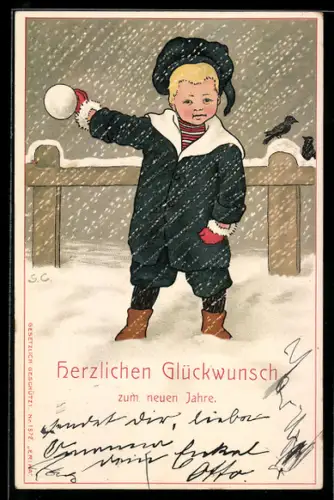 Künstler-AK Gertrud Caspari: Junge im Schnee mit Schneeball, Glückwunsch zum neuen Jahre