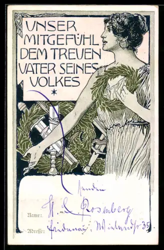 AK Frau mit einem Lorbeerkranz, zerbrochenes Schwert, Burenkrieg