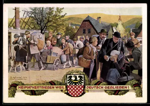 Künstler-AK R. Assmann: Heimatvertriebene erreichen das sichere Deutschland