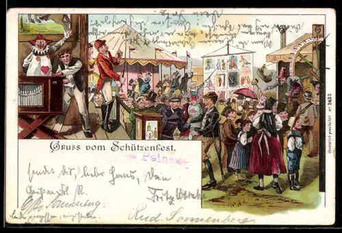 Lithographie Gruss vom Schützenfest, Leierkasten auf dem Volksfest
