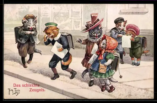 Künstler-AK A. Thiele: Katzen nach der Schulzeugnisvergabe