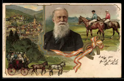 Lithographie König Karl I. von Württemberg, Reiter zu Pferd, Kutsche