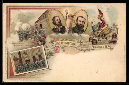 Lithographie Mannheim, 50-jähriges Jubiläum der Revolution 1848, Barrikaden an der Rheinbrücke, Kampf in Freiburg