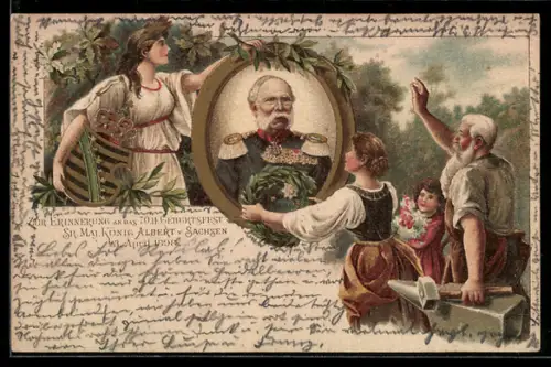 Lithographie Dresden, 70. Geburtstag König Albert von Sachsen 1898, Porträt und Wappen