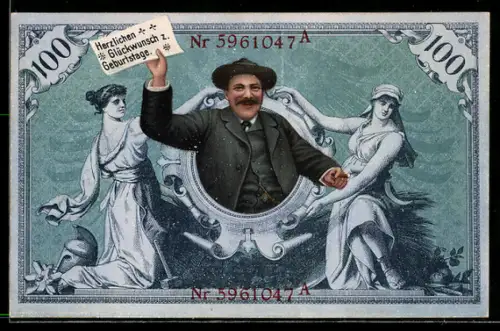 AK Mann durch Rahmen im Geldschein, Neujahrsgruss