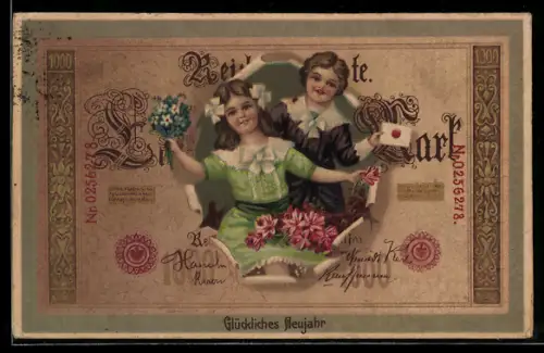 AK Reichsbanknote mit Mädchen u. Knabe als Gratulanten, Blumen, Brief, Geburtstagsgruss