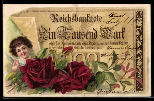 AK Ein Tausend Mark Banknote der Reichsbank, Engel und Rosen