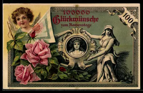 AK Reichsbanknote über 100 Mark, Engel und Rosen, Geld