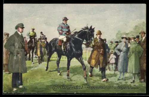 Künstler-AK Reklame für Continental-Regenmäntel und Regenhüte, Besucher und Reiter bei Pferderennen