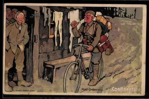 Künstler-AK Post-Ordonanz auf einem Fahrrad mit Bereifung von Continental