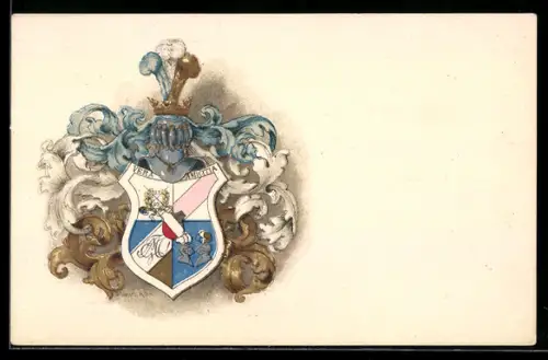 Lithographie Studentenwappen, Vera Amicitia, Helm