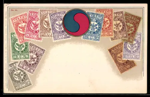 AK Koreanische Briefmarken mit Vogelmotiven