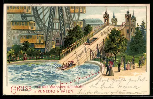 Lithographie Wien, K. K. Prater, Wasserrutschbahn in Venedig und Riesenrad