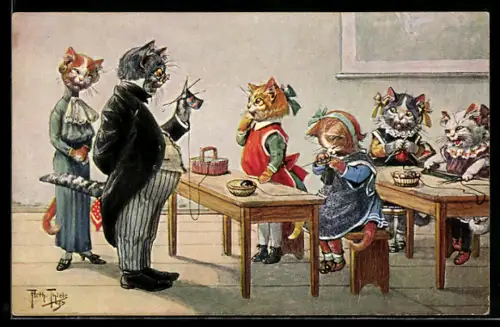 Künstler-AK A. Thiele: Strickunterricht, Lehrer prüft die Fertigkeit, vermenschlichte Katzen