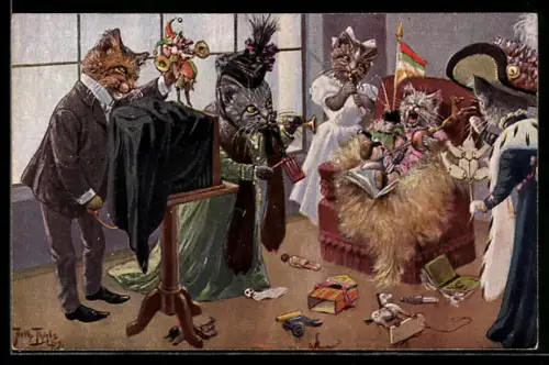 Künstler-AK A. Thiele: Vergebliche Liebesmühe, Katzen versuchen das Kätzchen zu fotografieren