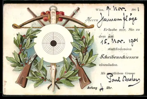 AK Einladung zum Scheibenschiessen, Zielscheibe, Armbrust, Gewehre