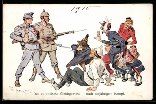 Künstler-AK Theo Zasche: Zweibund-Soldaten halten ihre Feinde in Schach