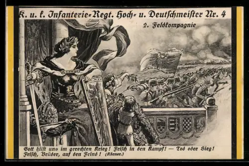 AK Soldaten der 2. Feldkompanie des k.u.k. Infanterie-Regiments Hoch- und Deutschmeister Nr. 4 im Angriff, Germania
