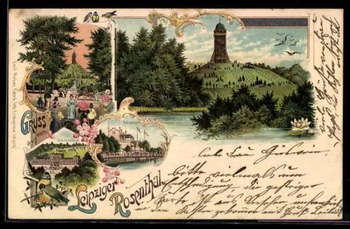 Lithographie Leipzig, Gasthaus Schützenhof im Rosental, Kaiserpark, Turm