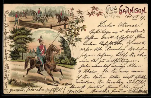 Lithographie Leipzig, Soldaten der Garnison zu Pferde