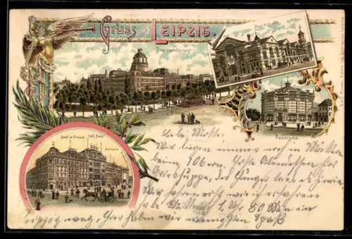 Lithographie Leipzig, Pleissenburg, Markthalle, Panorama, Hotel de Prusse