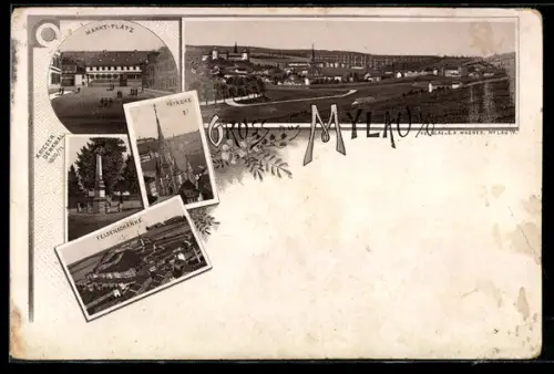 Lithographie Mylau i. V., Gasthaus Felsenschänke, Markt-Platz, Kirche