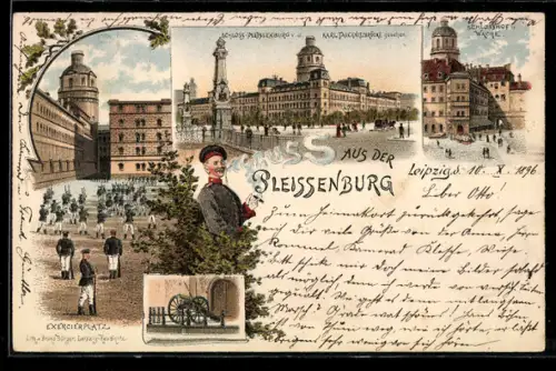 Lithographie Leipzig, Schloss Pleissenburg, Schlosshofwache, Exercierplatz