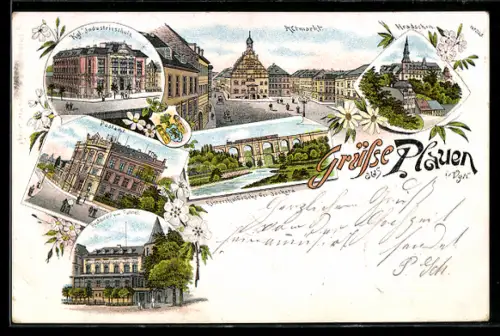 Lithographie Plauen i. Vgtl., Restaurant zum Tunnel, Postamt, Kgl. Industrieschule