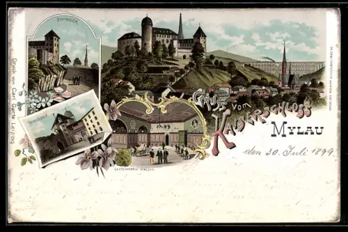 Lithographie Mylau, Zwinger, Schlosshof und Kaiserschloss