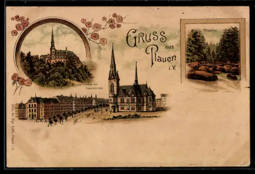Lithographie Plauen i. V., Kaiserstrasse mit Pauluskirche, Schloss