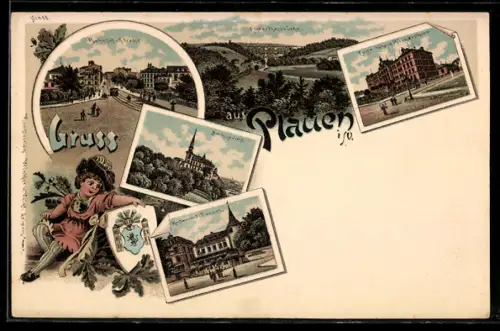 Lithographie Plauen, Amtsgericht, Bahnhof-Strasse, Erste höhere Bürgerschule