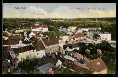 AK Peitz, Ortsansicht von oben, Stadtschule, Cottbuser Vorstadt