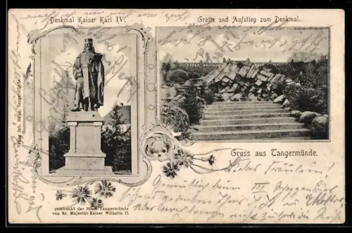 AK Tangermünde, Denkmal Kaiser Karl IV., Grotte und Aufstieg zum Denkmal