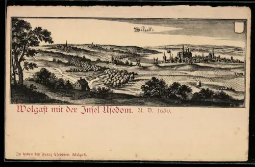 Lithographie Wolgast, Teilansicht mit der Insel Usedom 1630