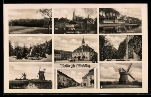 AK Woldegk, Gotteskamp, Heldenhain mit Kirche, Mühlenberg, Markt mit Rathaus, Badehaus mit Stadthalle