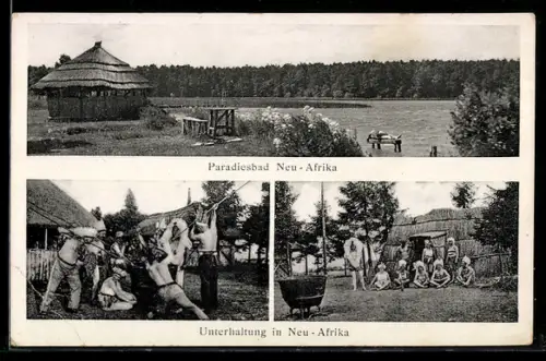 AK Neu-Afrika, Paradiesbad, Besucher als Indianer verkleidet