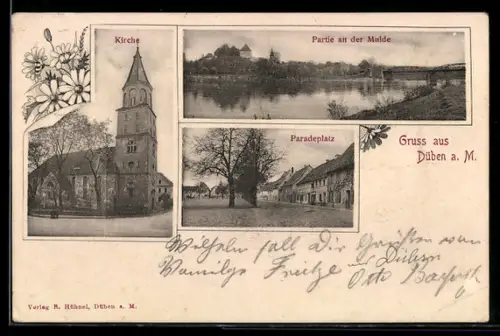 AK Düben /Mulde, Partie an der Mühle, Kirche, Paradeplatz