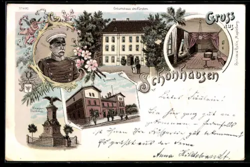Lithographie Schönhausen, Geburtshaus und Portrait Bismarck, Gasthof zum Fürsten Bismarck