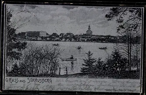 Metallfolie-AK Strausberg, Uferpartie mit Kirche
