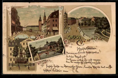 Lithographie Chemnitz, Markthalle, Saxonia Brunnen