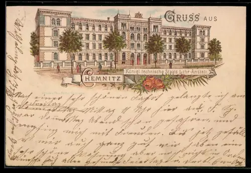 Lithographie Chemnitz, Partie vor der Königlich technischen Staats-Lehranstalt