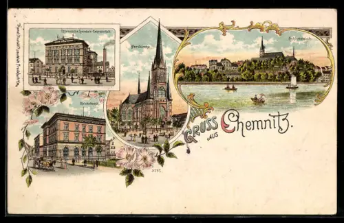 Lithographie Chemnitz, Reichsbank, Öffentliche Handels-Lehranstalt, Schlossteich
