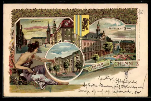 Lithographie Chemnitz, Rathaus mit Börse, Hauptmarkt